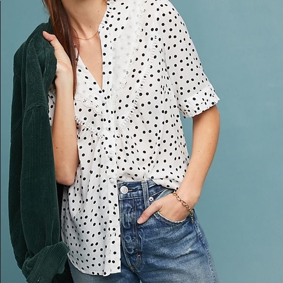 Maeve Tops - Maeve Polka Dot Bib Blouse 14 Black White